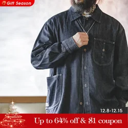 Maden Chemise en jean masculine vintage avec de grands poches Veste en jean à manches longues de coupe ample pour l'automne Chemise bleu foncé à boutons