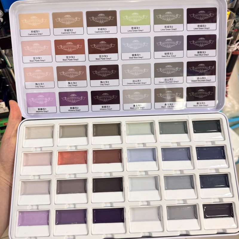 24 Colors Opaque Gouache Solid Watercolor Paint Grey Tone Large Half Pans Semi Moist Pigment Beginner Drawing Painting Art Tool