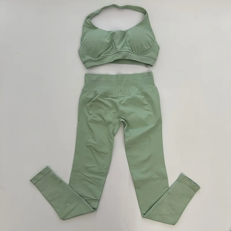 2 Pieces Leggings Set Women Seamless Yoga Set High Waist Scrunch Butt Legging With Halter Sports Bra Workout Gym Suit