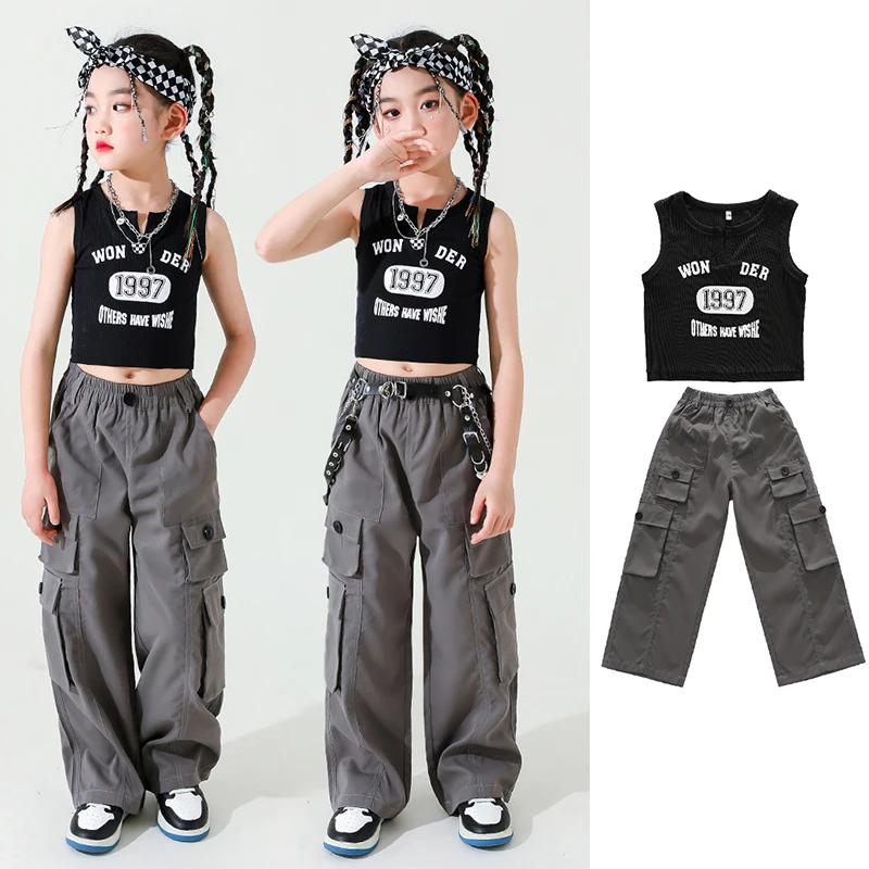 

Kpop Clothing Hip Hop Clothes For Girls Black Tops Gray Cargo Pants Kids Street Dance Performance Wear Jazz Dancewear YS4906