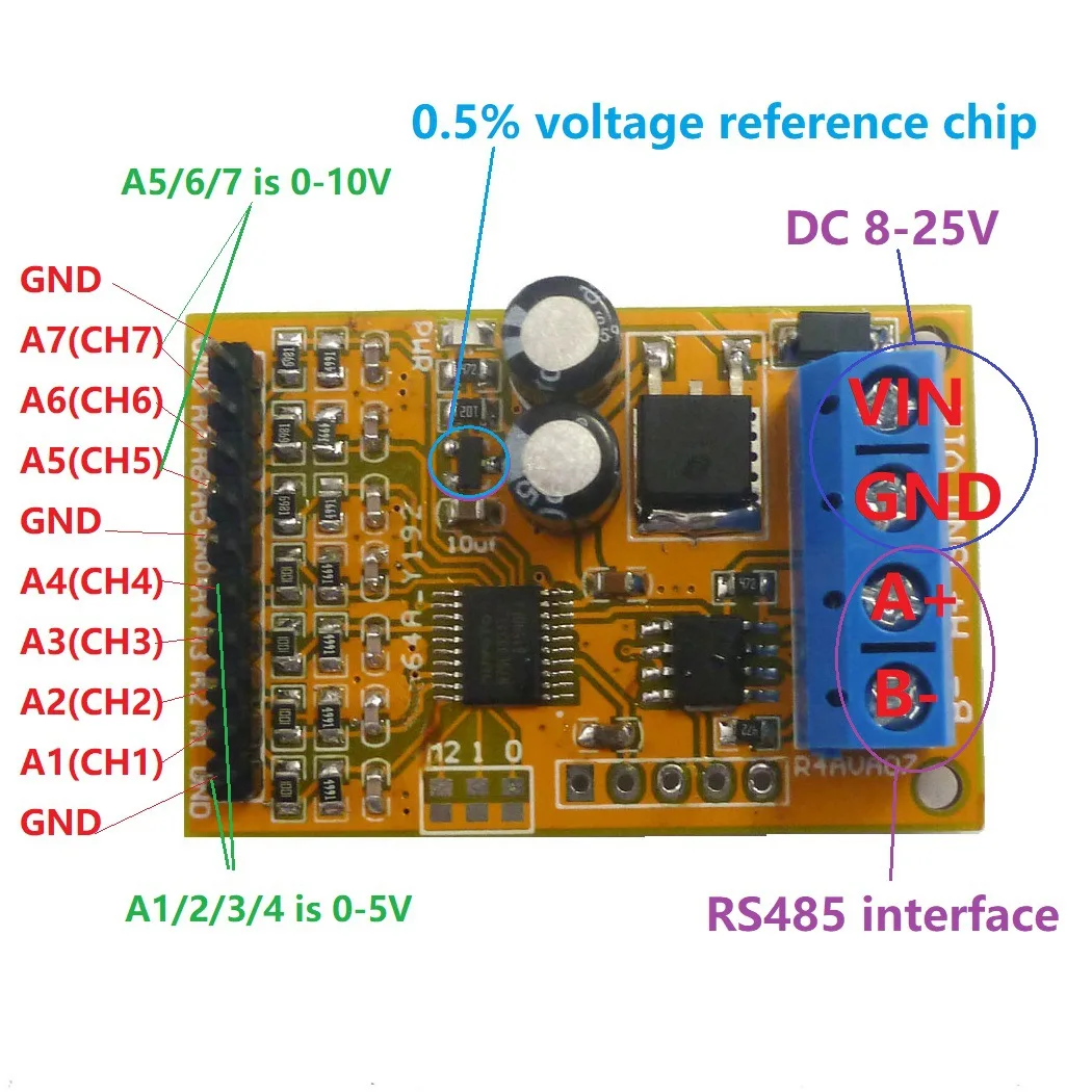 0-5V/0-10V 10-15MA 7 Channel Voltage Analog Acquisition Module RS485 Modbus RTU R4AVA07 RS485 Voltage Acquisition Module