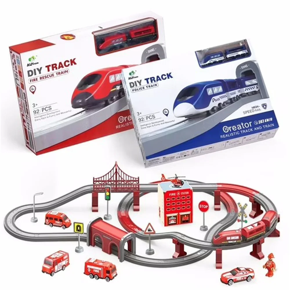 Set di treni giocattoli per bambini, set di binari da corsa HDJ 92 pezzi per ragazzi, regalo di compleanno per treni di Natale, giocattolo per camion dei pompieri con auto, elettroerosione (rosso)