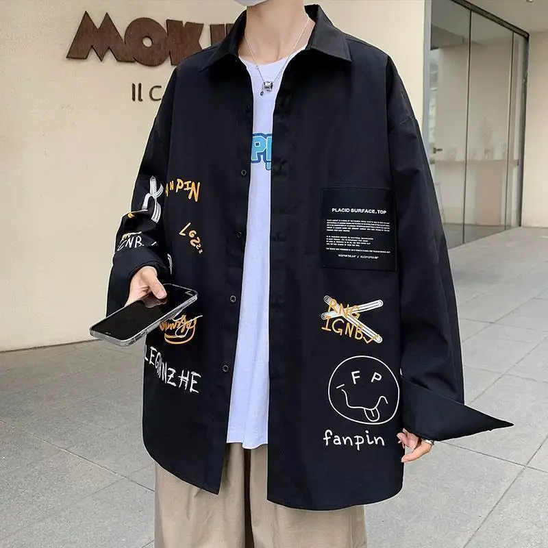 Autumn Spring New Korean Style Print Fashion Casual Shirt Man Long Sleeve Harajuku Graffiti Blouse Loose Streetwear Male Clothes