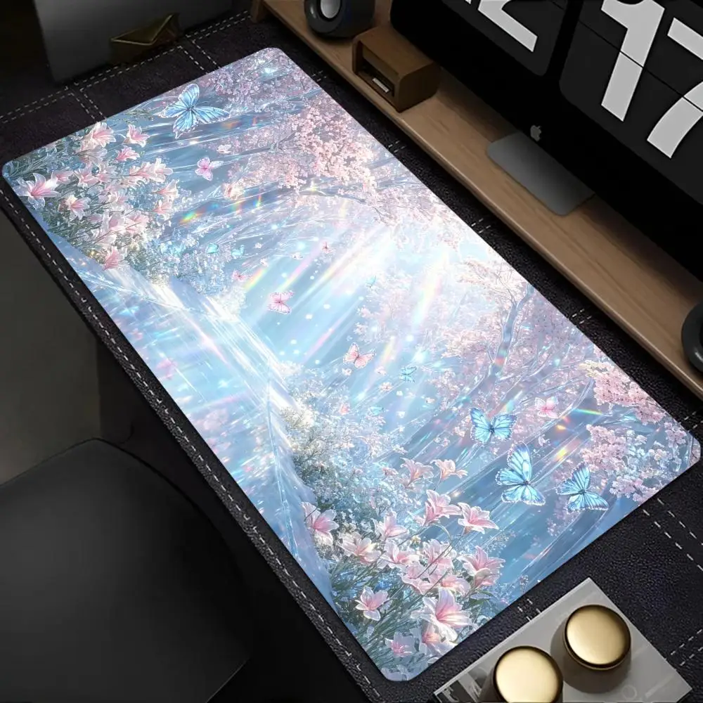 Fantasy Night Forest Torii Gate Glowing Butterflies Lantern Large Mousepad Non Slip Rubber Keyboard Mat for Gaming Desktop