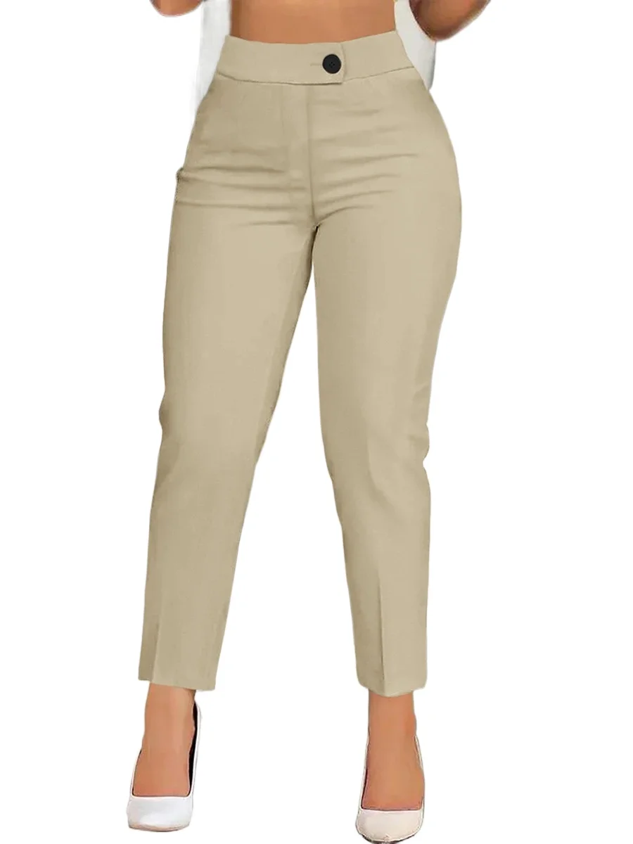 2026 Women High Waist Slim Straight Trousers Solid Color Office Pants with Pockets Button Fly Office Elegant Bottoms New