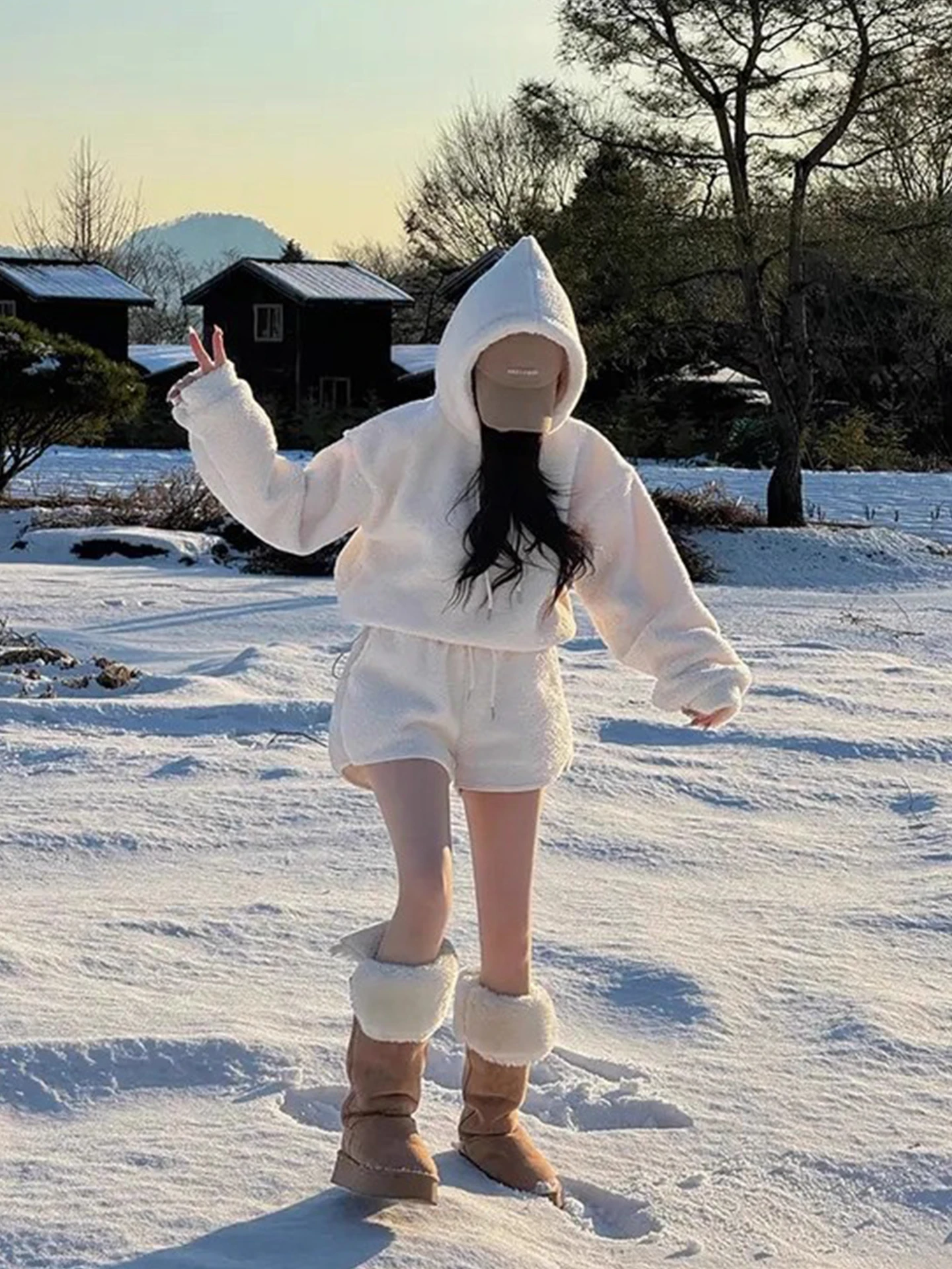 

Fashionable Thickened Warm Hooded Lamb Fur Sweatshirt Women's High Waist Shorts Two-Piece Set Winter 2025 New Arrival Casual ...