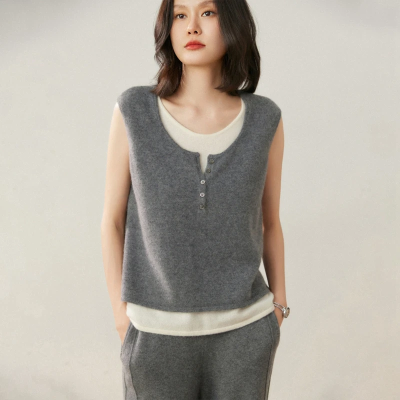 

Осень/зима, новый женский пуловер из 100% чистого кашемира, повседневный вязаный свитер без рукавов, искусственные топы из двух предметов с круглым вырезом