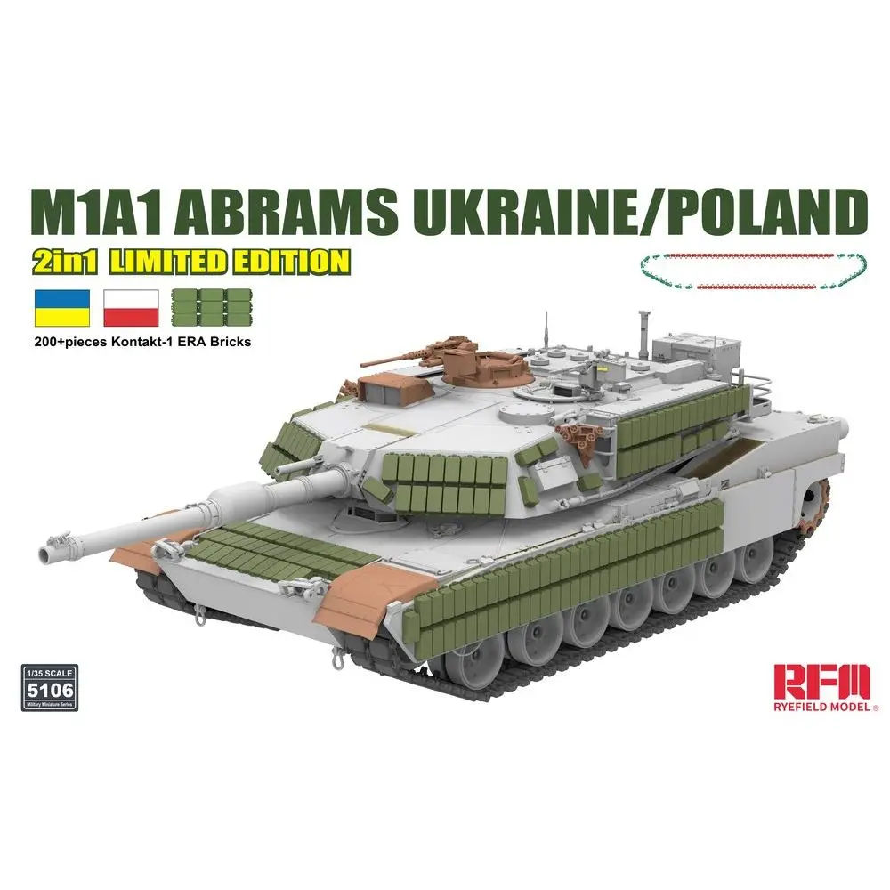 

RYEFIELD MODEL RFM RM-5106 1/35 M1A1 Abrams Ukraine/Poland w/Kontakt1 ERA Bricks - Scale Model Kit