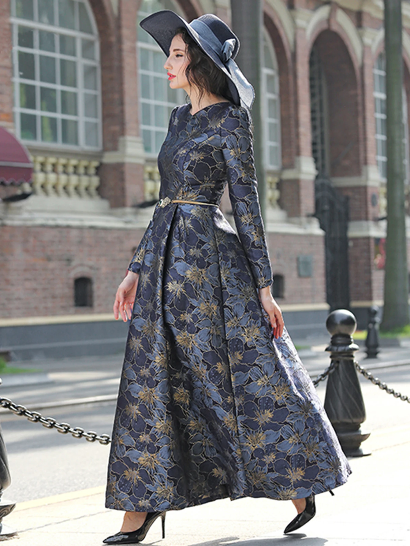 DEVCHATA Quality Elegant Women Long Sleeve Maxi Dress Floral Jacquard V Neck Lady Autumn Winter Party Fashion Formal Vestidos