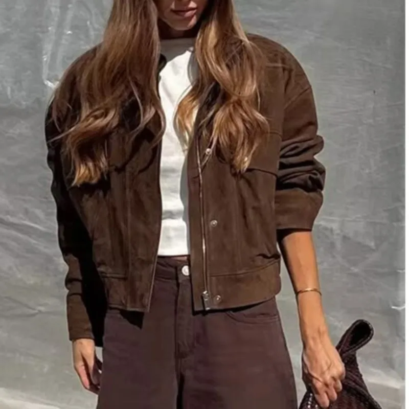 

Замшевая короткая куртка в стиле ретро, женская осень 2024, новая мода, элегантные свободные пальто на пуговицах с большим карманом, шикарные теплые куртки, пальто