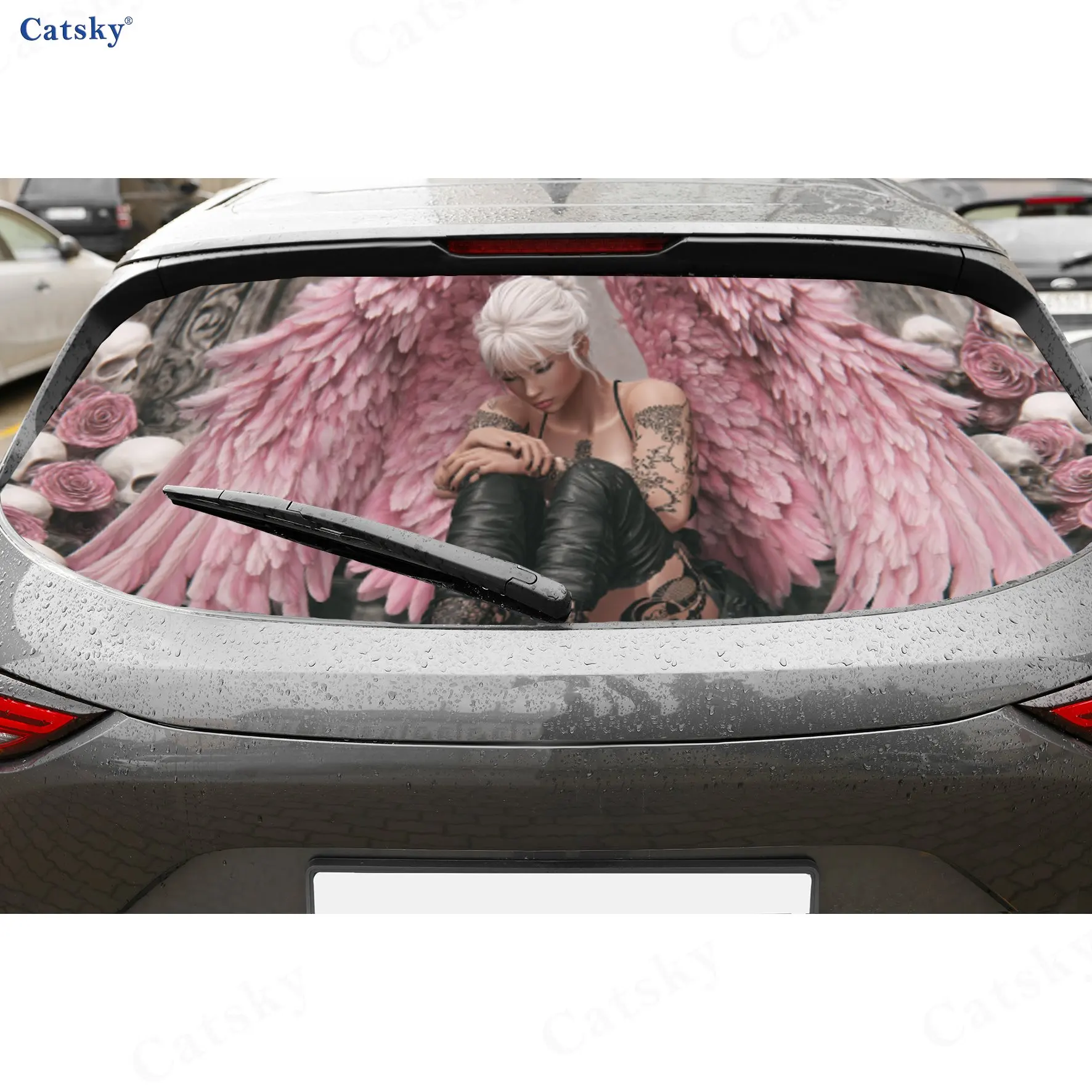 

Gothic Angel Skull Artistic Charm PVC Perforated Car Vinyl Wraps, Durable Car Rear Windshield Sticker, Waterproof Car Rear Windo