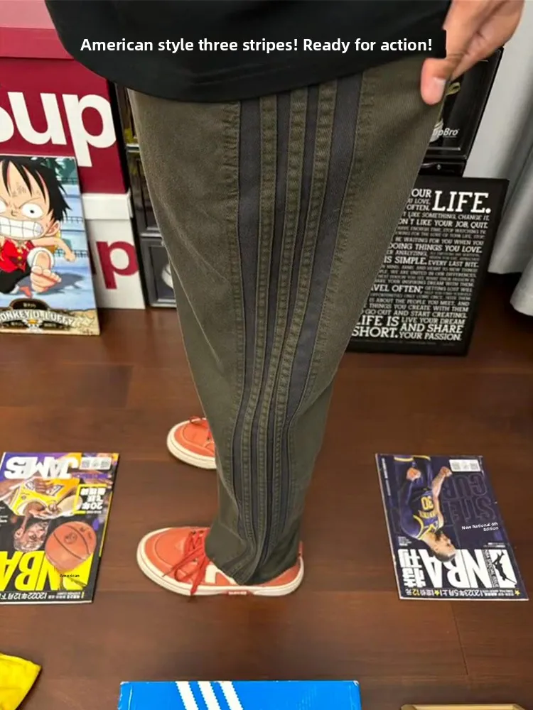 

Мужские джинсы Military Een Tee Bars, весна-осень, в американском ретро-стиле, рабочие, прямые, повседневные, в полоску, спортивные брюки