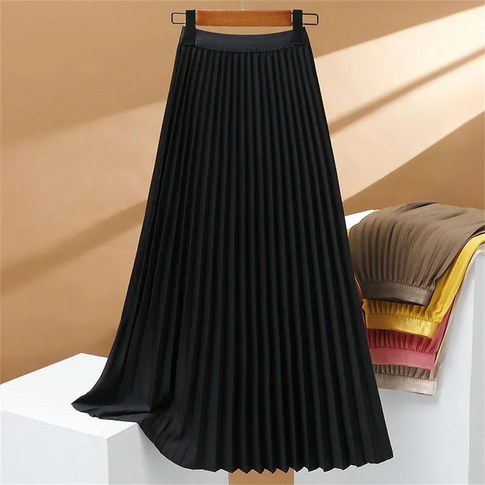 2024 Women Spring Summer New Korean Elastic High Waist Casual Long Midi Skirts Ladies Elegant White Pleated Skirt A-line Skirts