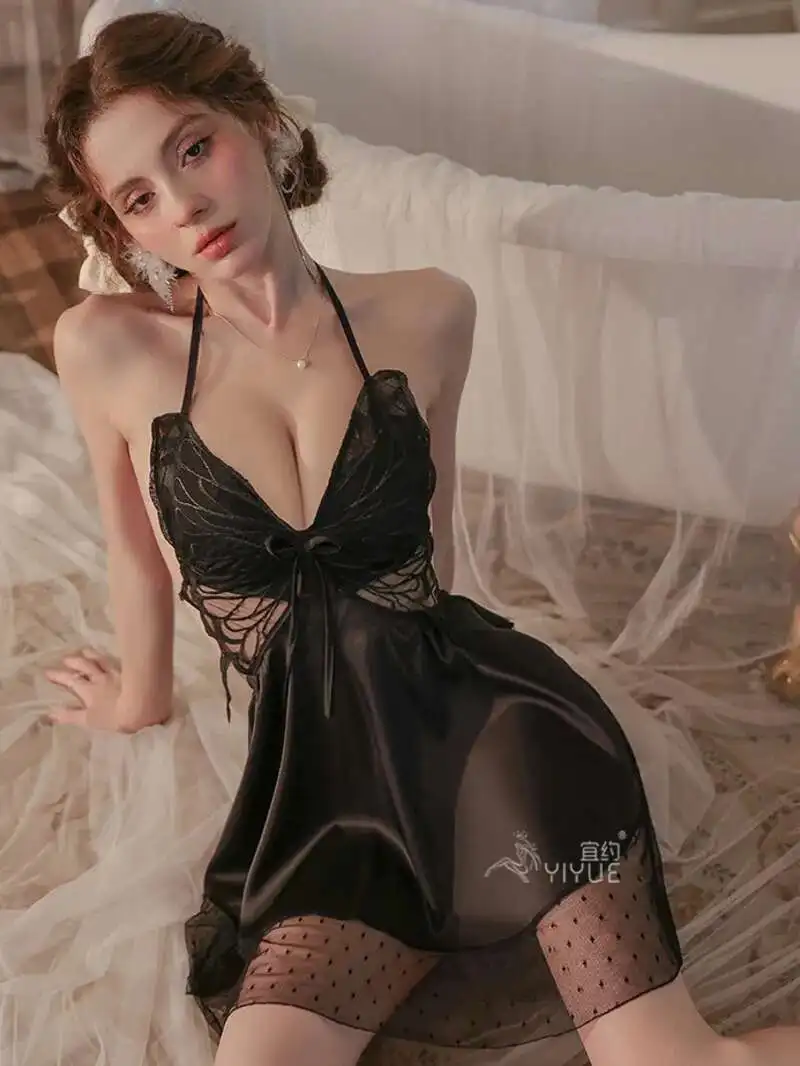 French style New deep V pure desire color chiffon print lace butterfly with breast pad satin nightgown dress printing M5ZN