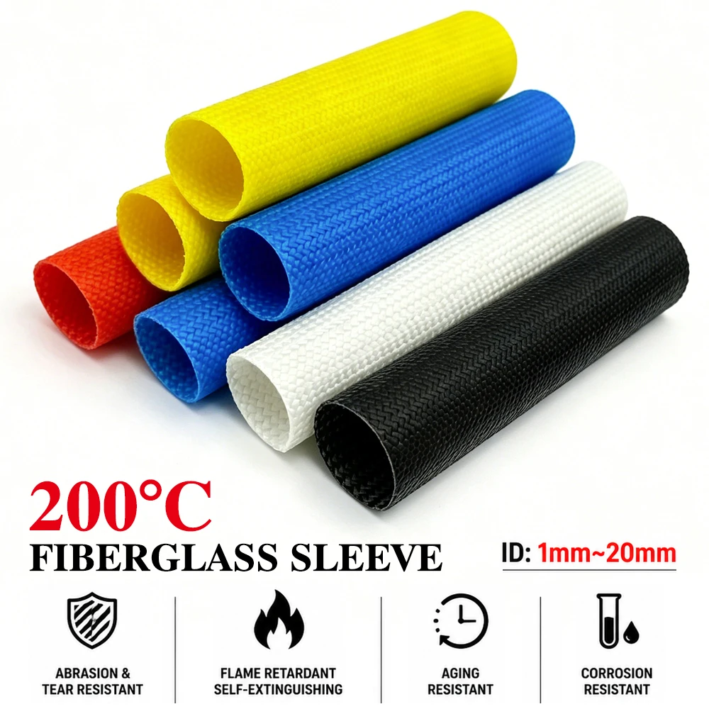 2-10M ID 1mm ~20 mm Braided Fiberglass Sleeve 200 Deg.C High Temperature Chemical Glass Fiber Tube Fiberglass Sleeving