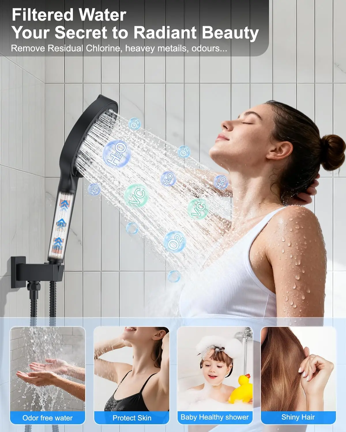 Matte Black Dual Shower Head System With Square & Heads 6-Mode Handheld Spray Rainfall Spray Patterns Wall Mount Shower Mixer view 6