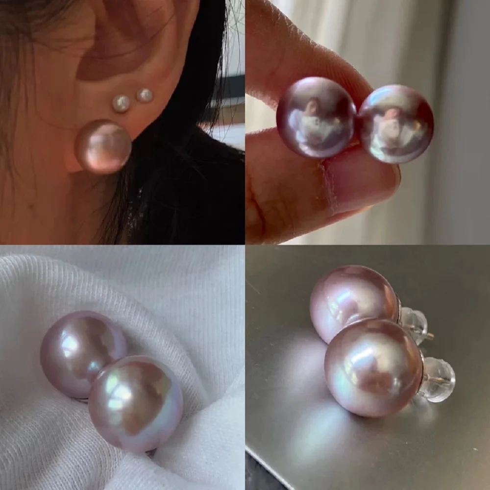 

Classic Big Pearl Earrings AAAA 11-12mm Natural South Sea Round Purple Pearl Earrings 925