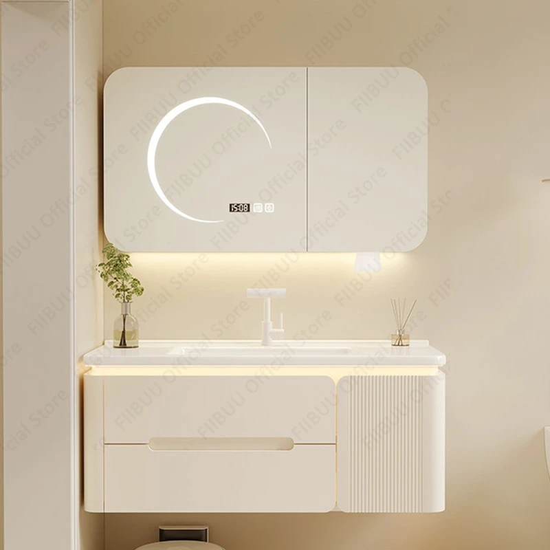 

Modern Luxury Wall Mounted Bathroom Vanity Set with Integrated Sink Basin Defogging Smart Mirror Cabinet for Bathroom Storage