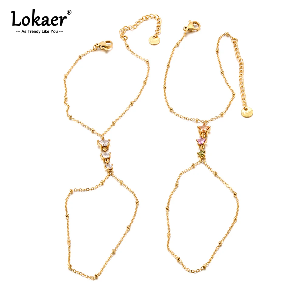 Lokaer Fashion Stainless Steel Zircon Beads Back of Hand Chain Finger Bracelet Delicate Jewelry Waterproof Wholesale Gift B26010