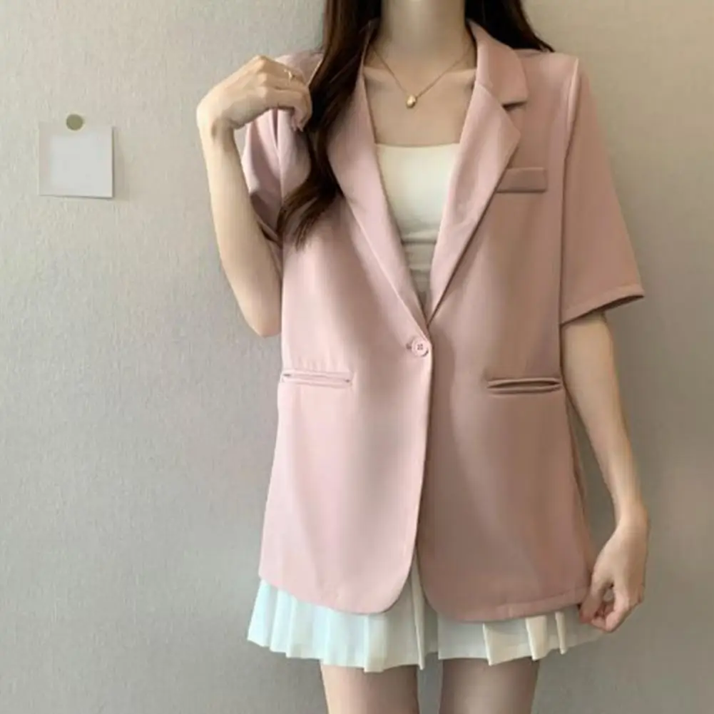 Lightweight Suit Coat Versatile Women's Short-sleeved Suit Coat Solid Color Button Closure Casual Work Outwear for Business Wear