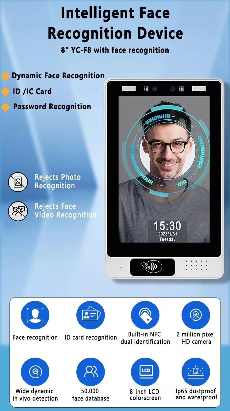 8 Zoll Android ligent Gesichts erkennungs gerät mit NFC 2mp HD Zugangs kontroll system Produkt