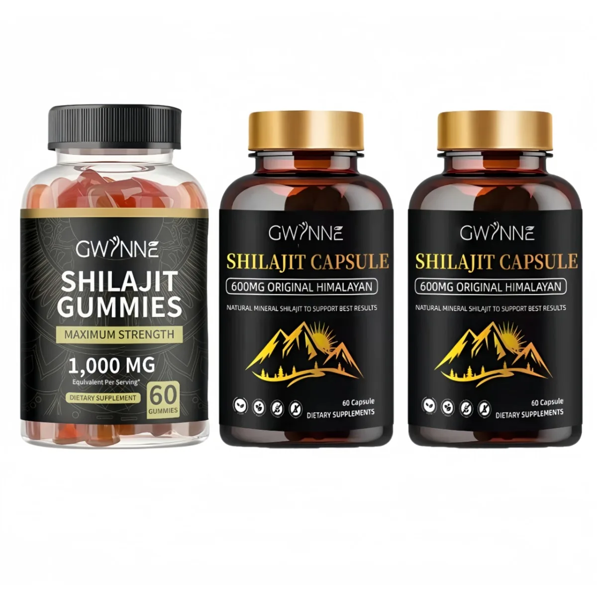 Gwynne Shilajit Shilajit Gummies 60 وحدة نكهة التوت والبطيخ + كبسولات شاراجي 60 وحدة 2 وحدة