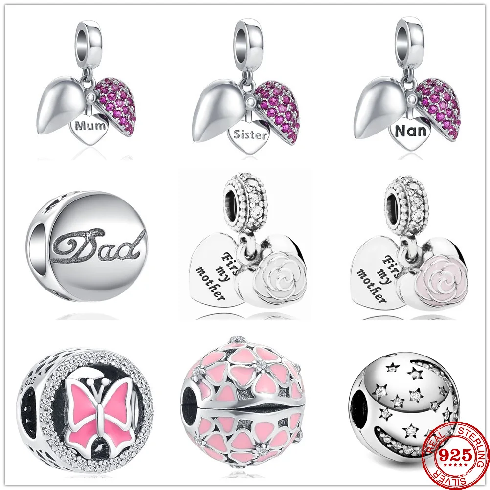 New 925 Sterling Silver Dad Mum Sister Nan First My Mother Flower Charm bead Fit Original Pandora Bracelet DIY Jewelry For Women