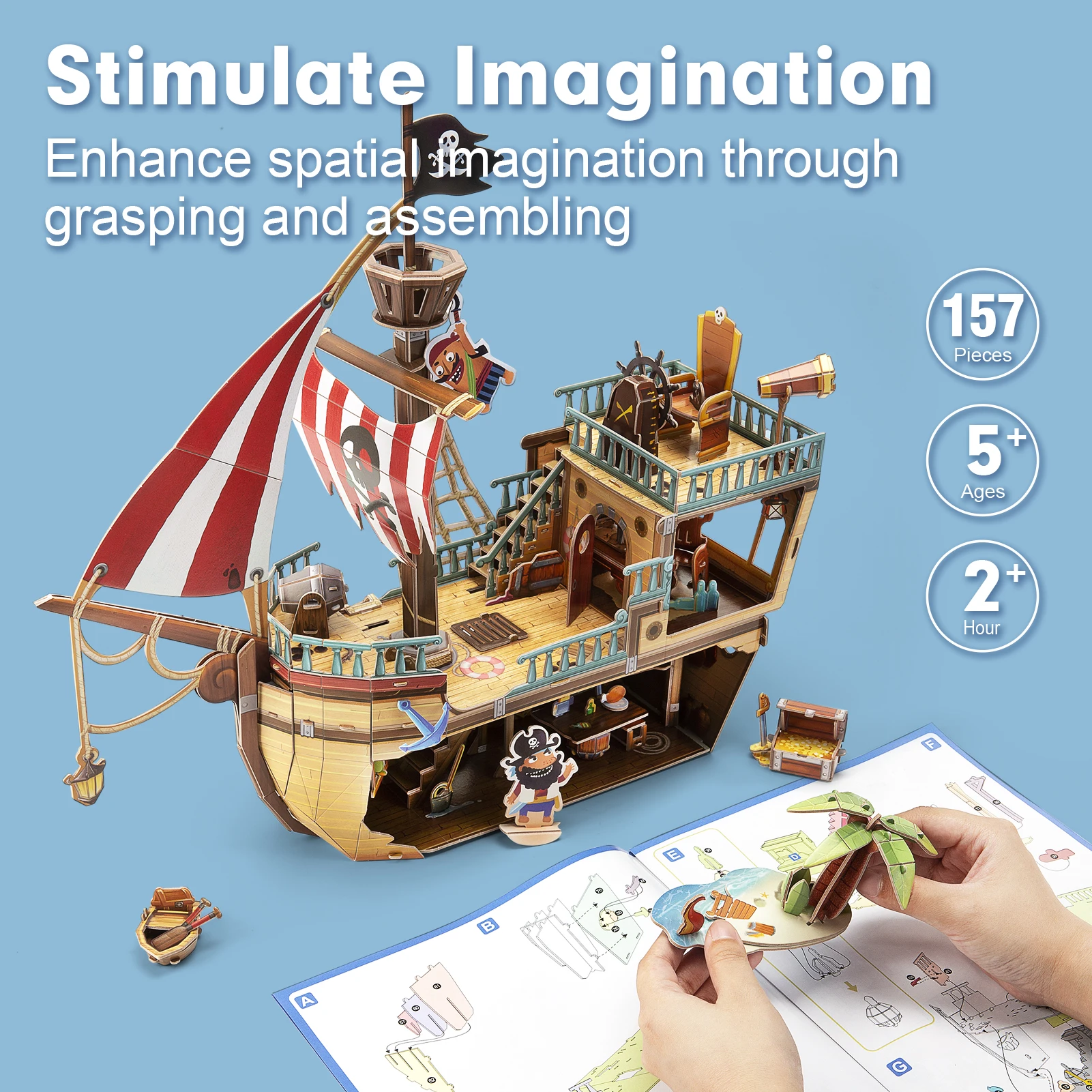 3D Puzzles 157 Pieces Pirate Treasure Ship Sailing Boat Model Kits Arts Crafts STEM Project Decoration Gift for Kids