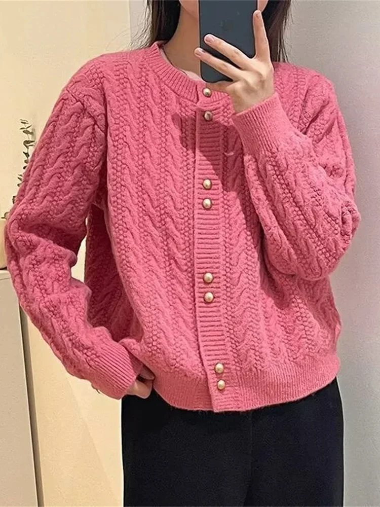 2026年韓国春婦人服ヴィンテージ長袖カーディガン女性セーターOネックエレガントニットトップファッション秋ニットウェア