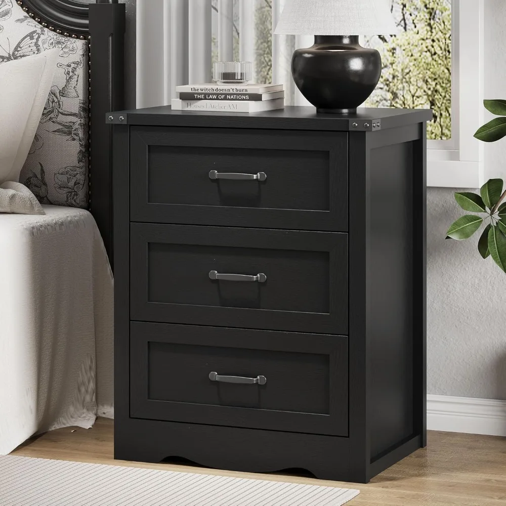Rustic 3-Drawer Farmhouse Nightstand, 24-Inch Wide Wood Side Table with Metal Handles