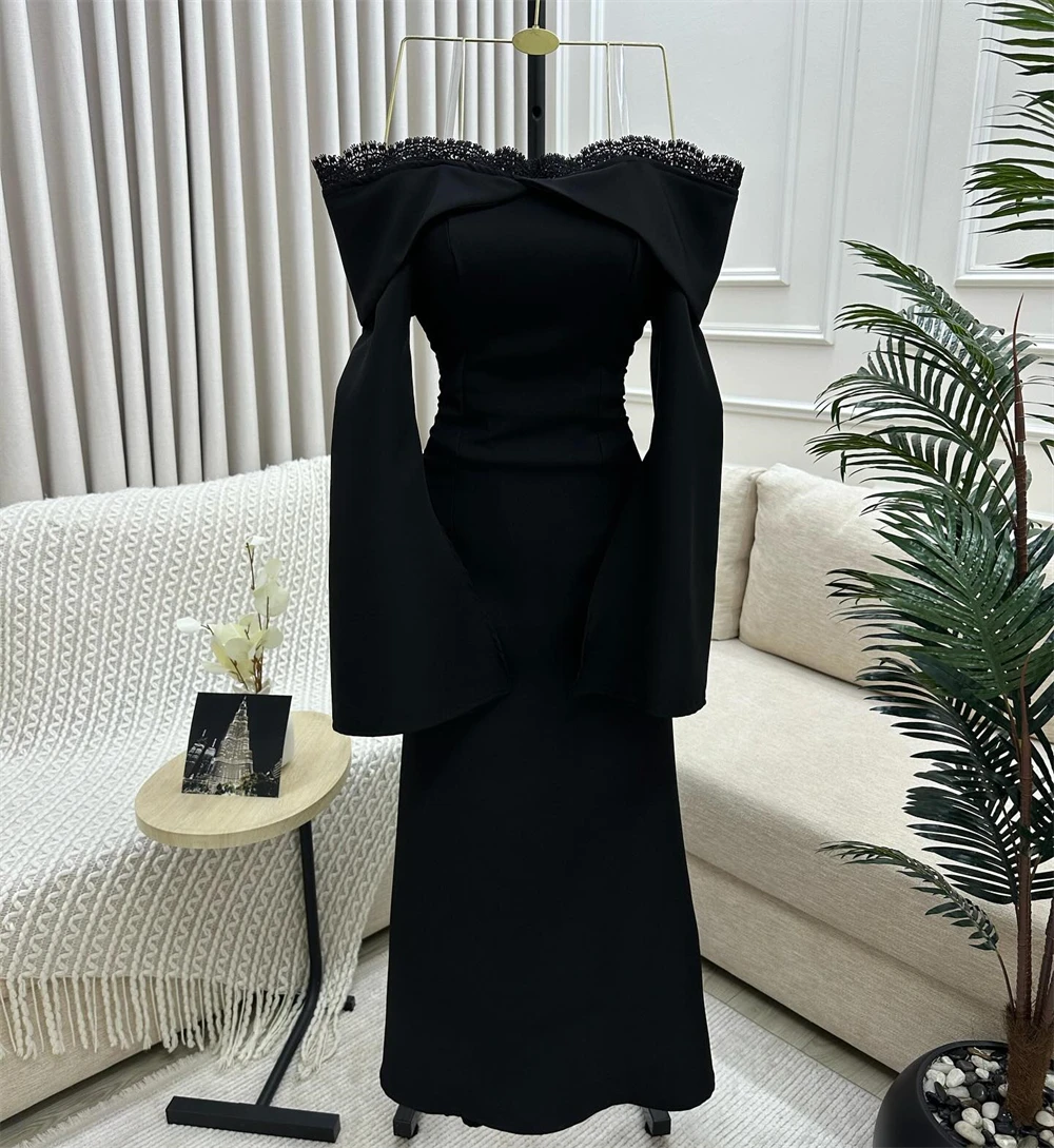 사용자 정의 간단한 블랙 저지 이브닝 드레스 우아한 오프 어깨 긴 소매 홈 커밍 드레스 패션 파티 가운