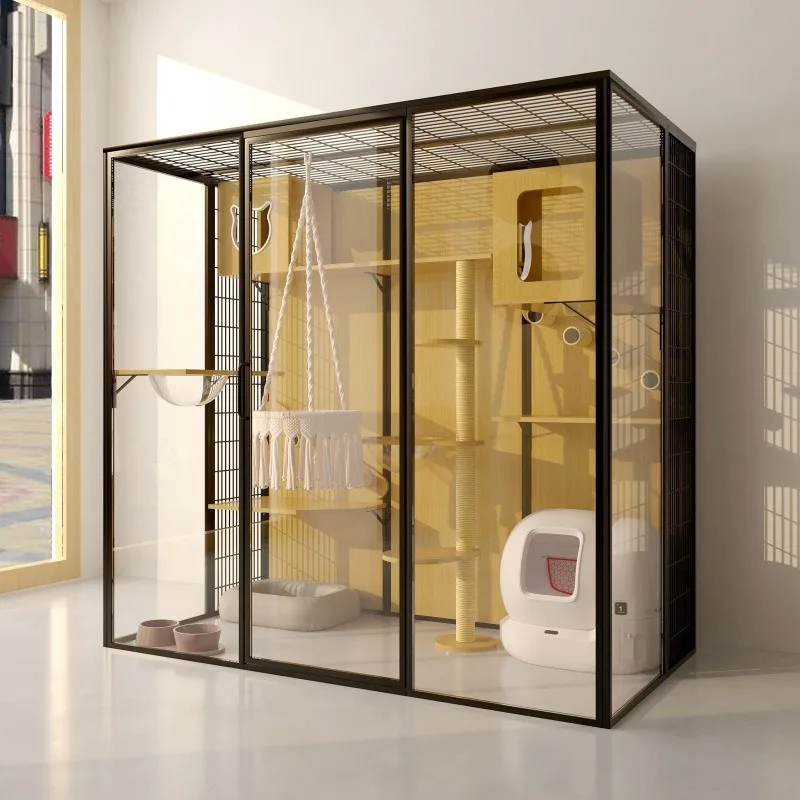 قفص الحيوانات الأليفة للقطط والكلاب، خزانة عرض للعناية بالحيوانات الأليفة الصغيرة، خزانة عرض من الخشب الصلب للقطط، قفص زجاجي بانورامي لبيت القطط #3