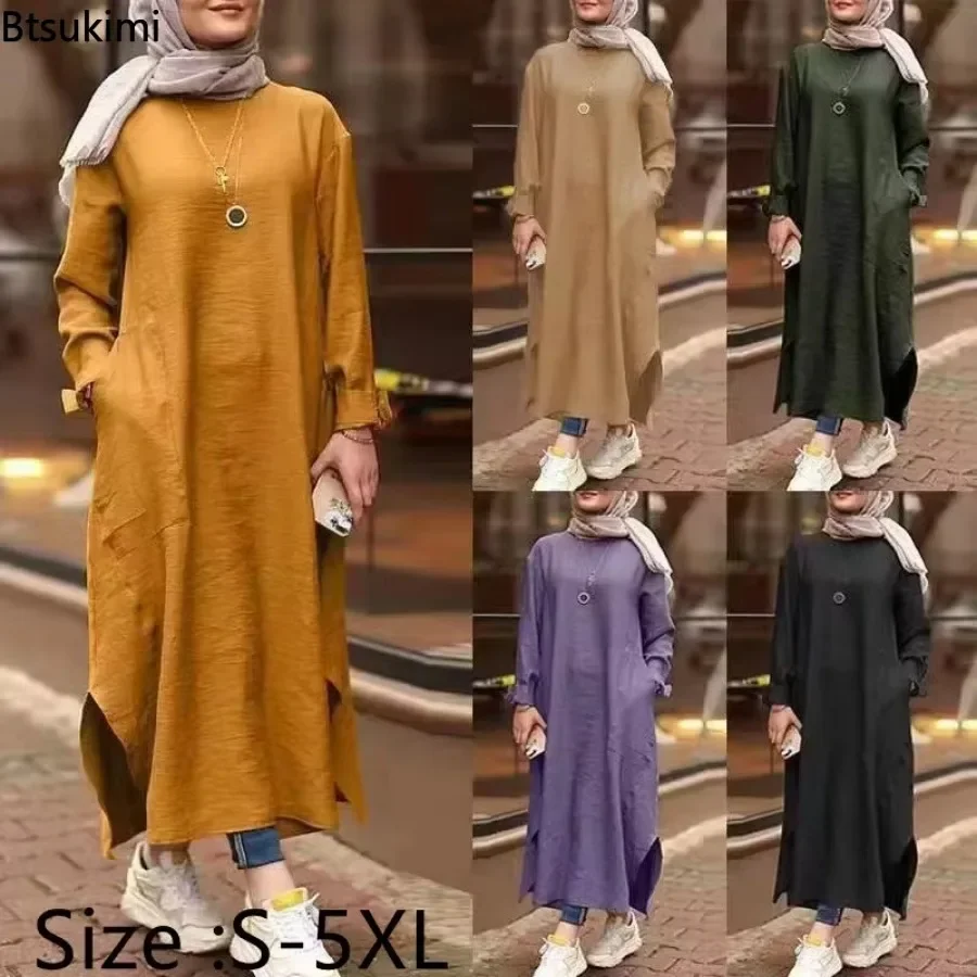 

2025 Women's Casual Muslim Dress Solid Oversized Ladies Long Dress Muslim Long Abaya Dubai Vintage Women's Long Top Dress Robe