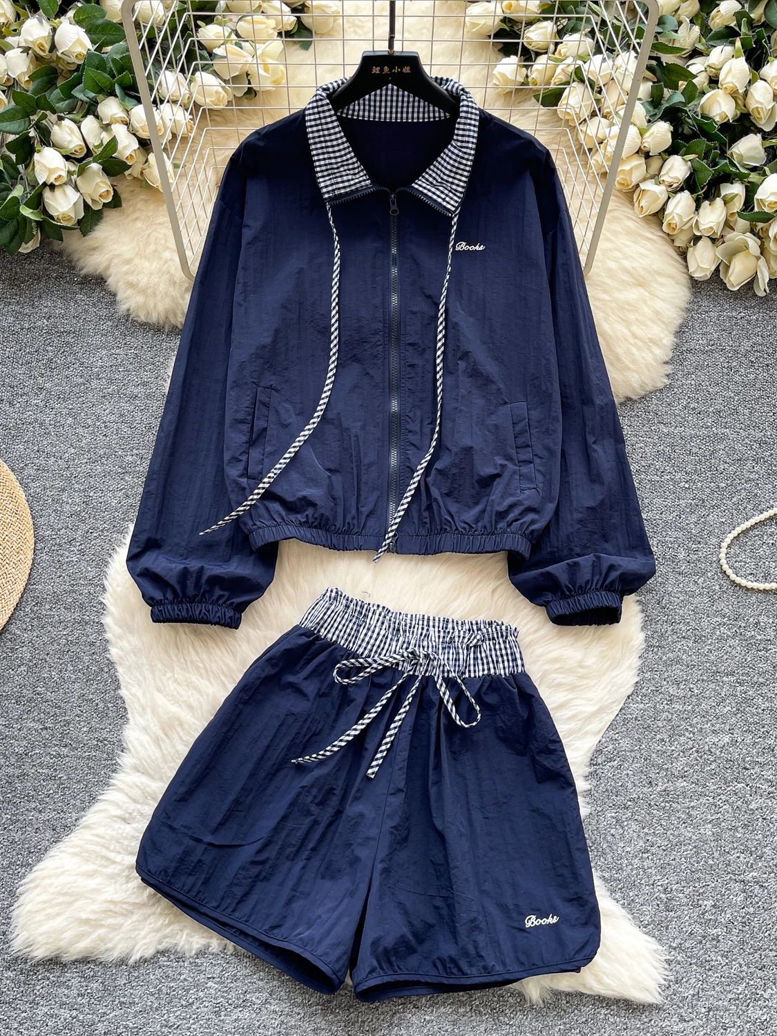 

Loose Plaid Long Sleeve Sun Protection Outerwear High Waist Wide Leg Pants Women's Autumn Casual Fashion Two-Piece Set