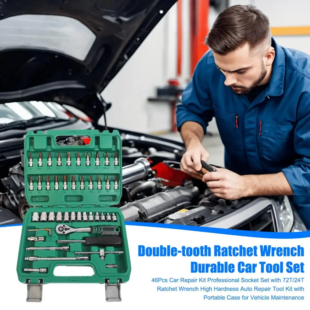 

46Pcs Car Repair Kit Professional Socket Set with 72T/24T Ratchet Wrench High Hardness Auto Repair Tool Kit with Portable Case