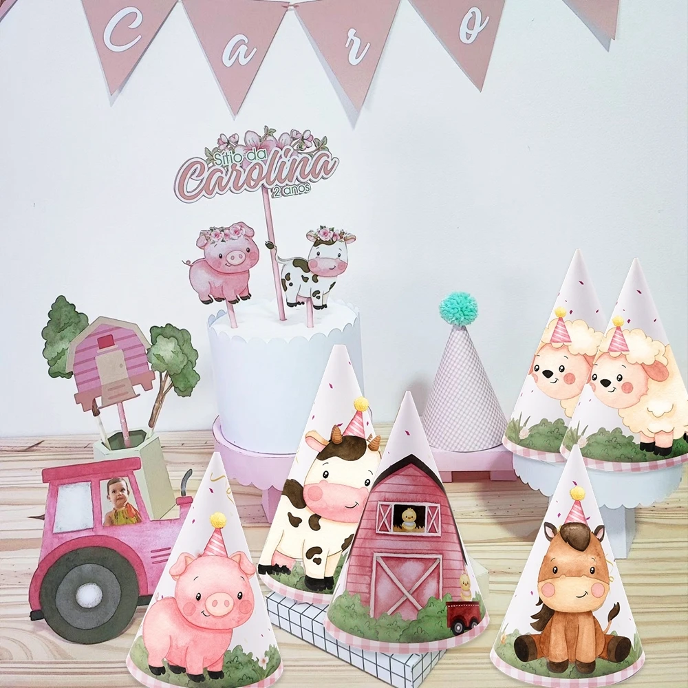 6 stücke Nutztier Papier Hut Karton Geburtstag Hüte für Kinder Ackerland Tier alles Gute zum Geburtstag Party Dekorationen DIY Party liefert – Detail 4