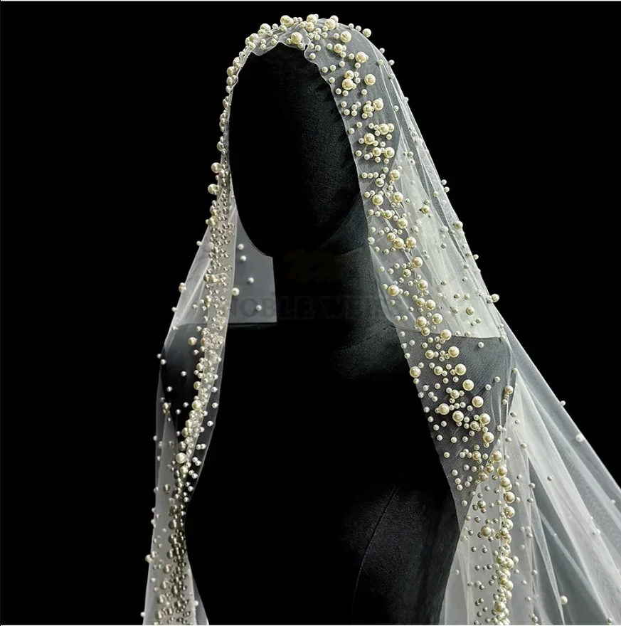 Pearls Long Wedding Veil 1T Long Luxurious Bridal Veils Without Comb Customized