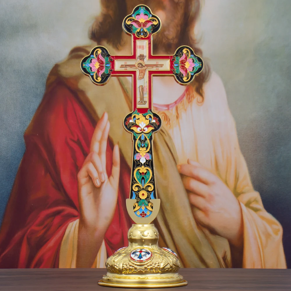 Hot Sale Golden Orthodox Standing Crucifix Floral Enamel Desktop Cross Altar Decor Church Prayer Gift For Believers Wholesale view 3