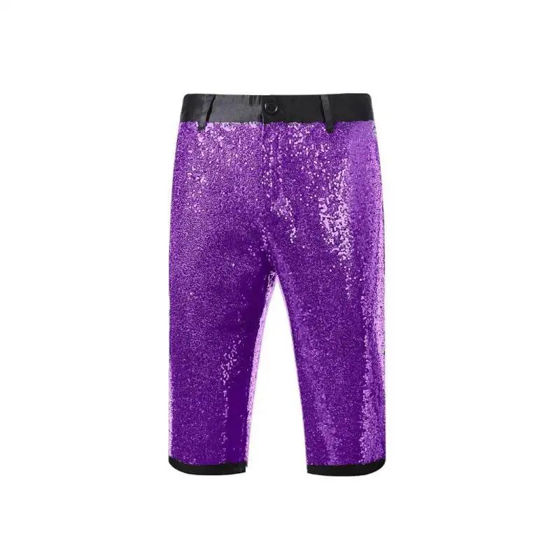 Men Sequins Shorts, Purple Glitter Knee Length Party Pants, Shiny Stage Performance Wear for Club Disco Cosplay Suit Short Pants