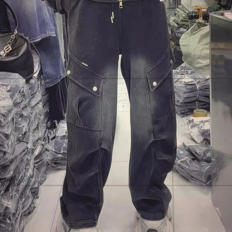 2025 Nuevos pantalones cargo de estilo americano para mujer, pantalones largos informales sueltos de pierna ancha negros para primavera y otoño