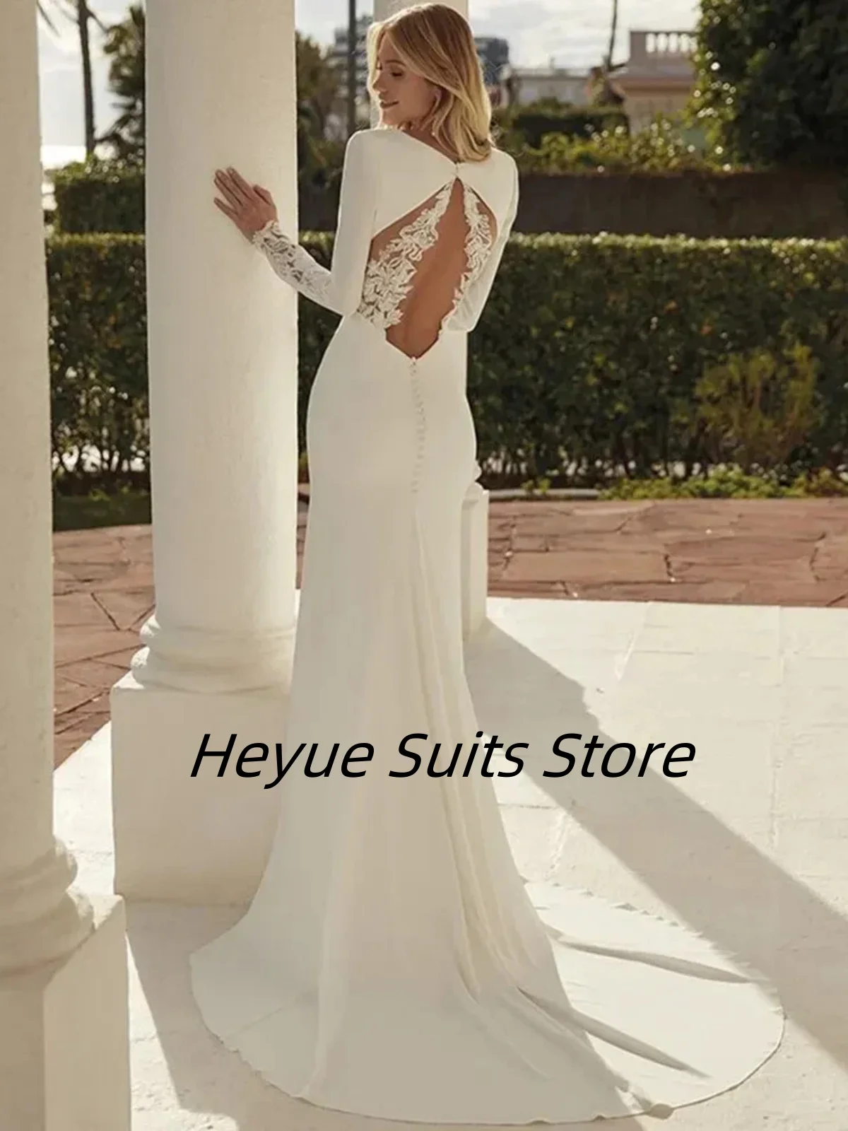 Customized Elegant Satin Mermaid Wedding Dresses Quinceanera  Long Sleeve Applique Backless Bridal Gowns vestidos de novia