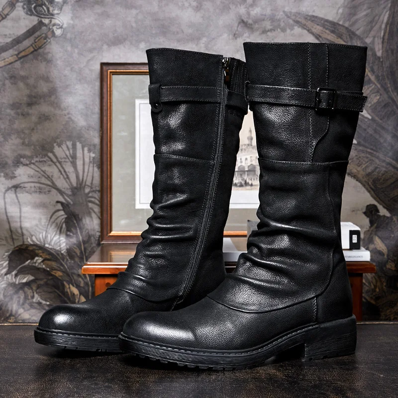 Fashion Genuine Leather Motorcycle Boots Tactical Uniform Boot Gothic Punk Waterproof Mid-calf Boots Heel Motocross Riding Boots