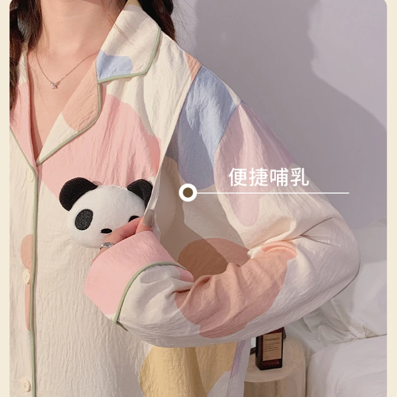 Plus Size Pregnant Pajamas with Chest Pad Women Cartoon Spring Long Sleeve Home CLothes Maternal Postpartum Breastfeeding Dress