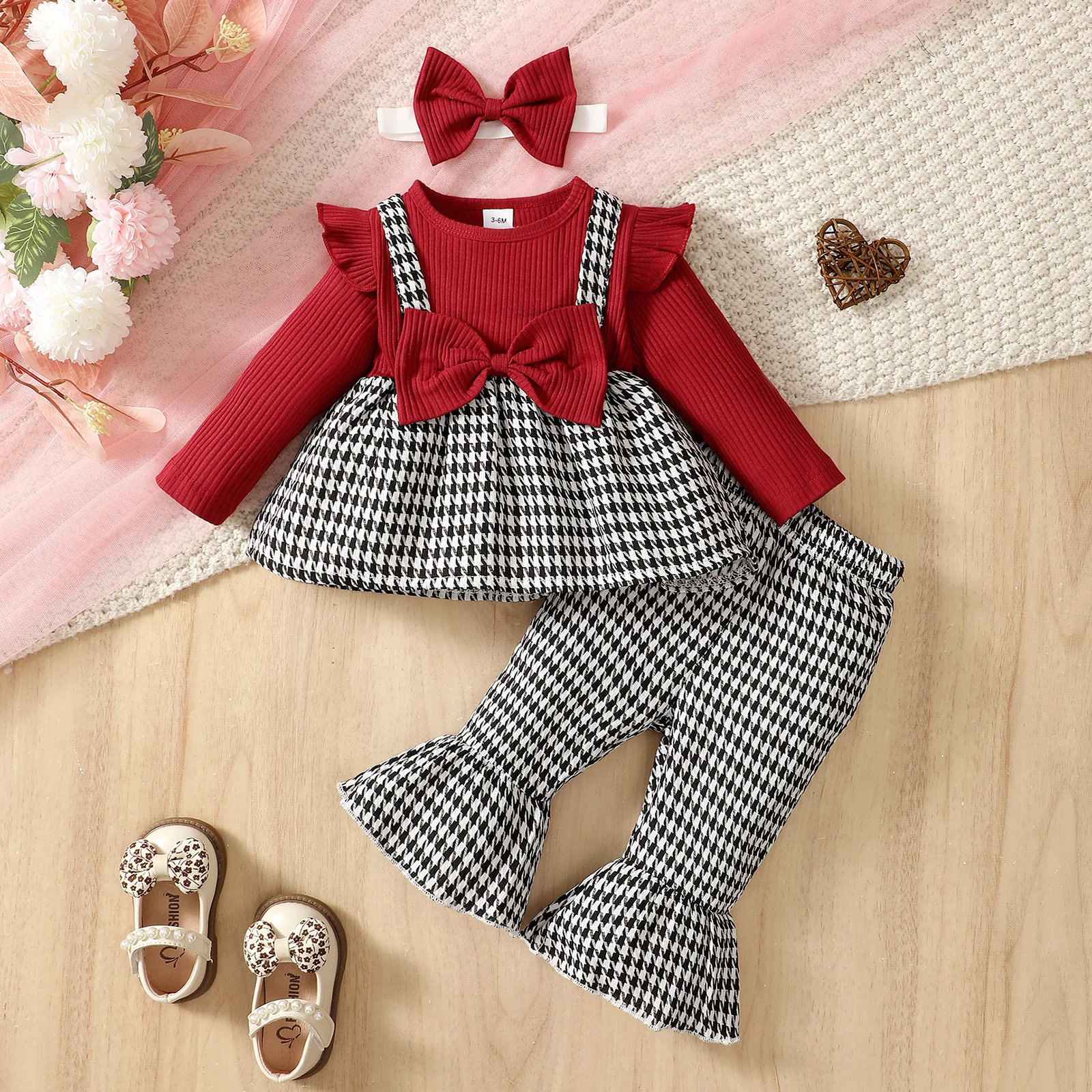 New Baby Girls Clothes Set Spring Autumn Fashion Checkered Patchwork Bow Top+Flared Pants+Headscarf Three-Piece Suit