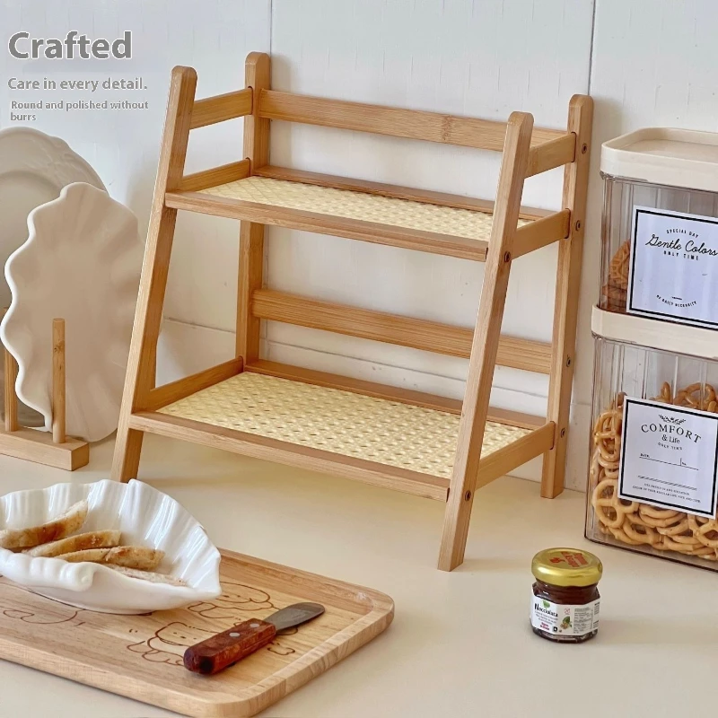 Shelf Floor-to-ceiling Multi-layer Desktop Trapezoidal Shelf Bookshelf Integrated Plastic Rattan Cream Style Home Kitchen Shelf