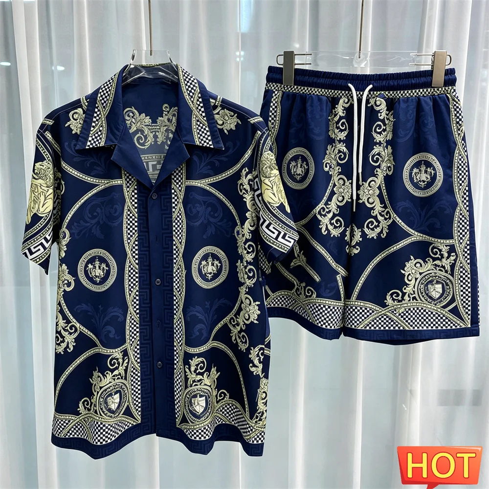 Striped Crown Pattern Luxury two-piece shirt set Summer Men Shirt Set colorful home high-end button up shirts pants Vacation set