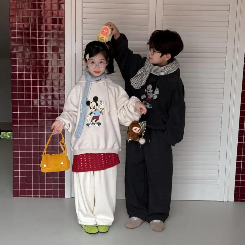

Комплект детской одежды из 2 предметов: толстовка с капюшоном и повседневные брюки для девочек, осенне-зимний, с мультяшным принтом, в корейском стиле