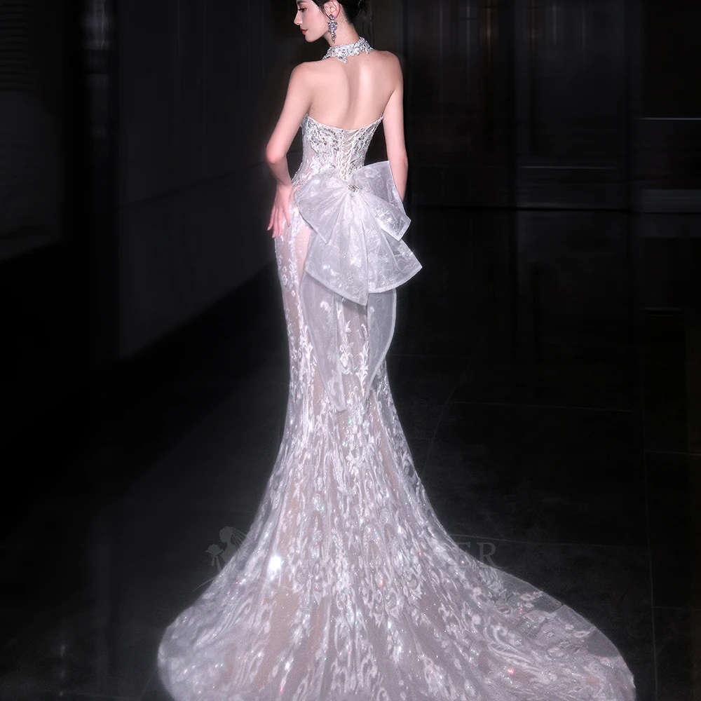 Customized Luxury Mermaid Wedding Dresses With Bow Strapless Beaded Lace Bridal Gowns with Court Train Vestidos De Novia