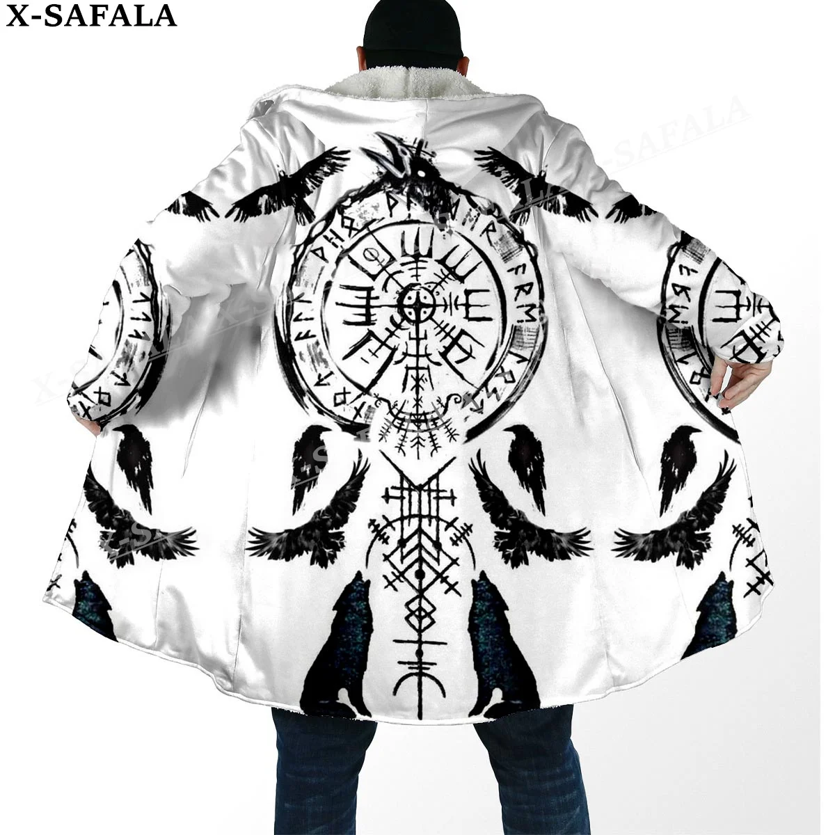 Viking Line Tattoo Symbol Totems Thick Warm Hooded Cloak Men Overcoat Coat Windproof Fleece Cape Robe Hooded Blanket-12