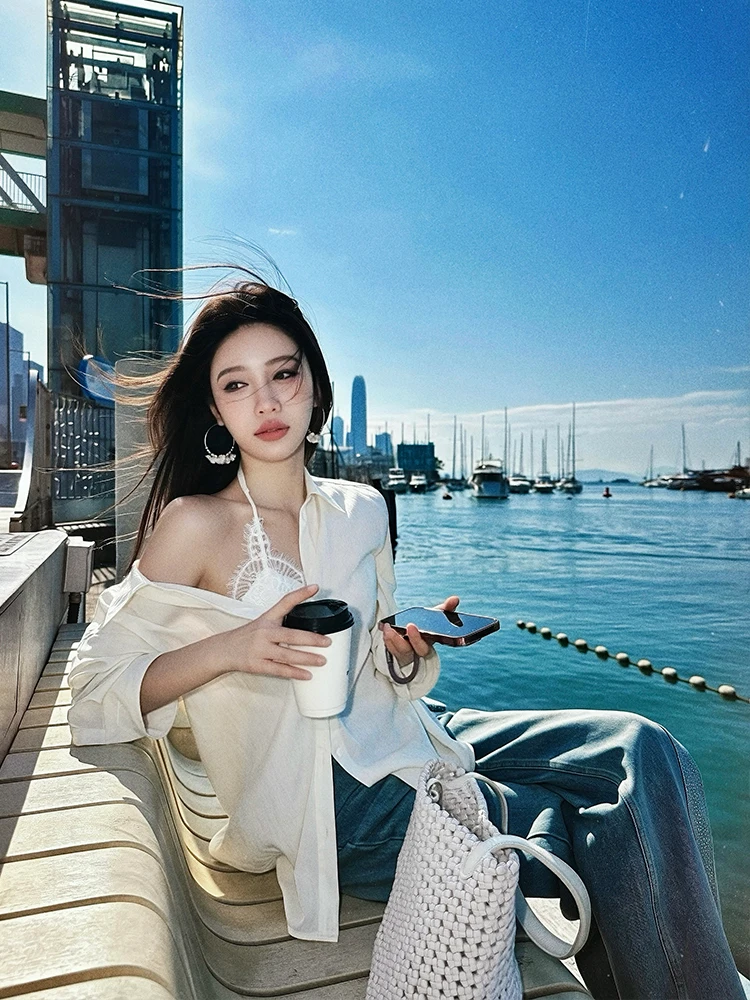 

Комплект из двух предметов ZQ White Island Breeze: шелковая льняная женская рубашка с кружевной отделкой, повседневная, свободного кроя, с длинным рукавом, летняя, модная